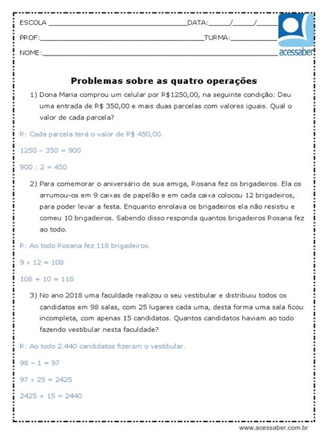 Atividades Das Quatro Operações 6 Ano - Atividade de Matematica Problemas Sobre As Quatro Operacoes 5 Ou 6 Ano ...