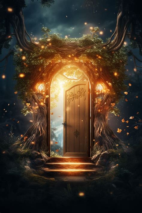 An Open Door Leading Into A Forest Filled With Trees And Fireflys At Night