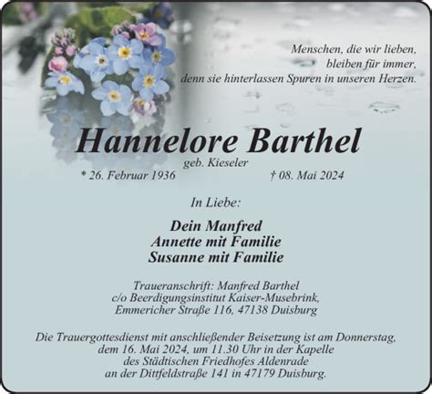 Traueranzeigen Von Hannelore Barthel Trauer In NRW De