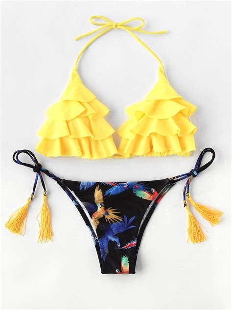 Bird Print Tassel Tie Flounce Bikini Set SheIn Sheinside Bikinis