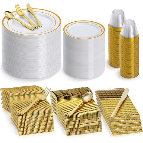 600pcs Gold Dinnerware Set For 100 Guest Includes Gold Plastic Plates