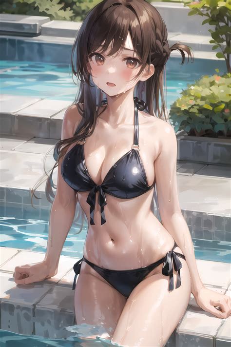 Cleavage Big Boobs Wet Body Long Hair Brunette Looking At Viewer Anime Girls Ai Art