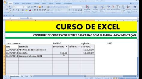 Curso de EXCEL Controle de conta corrente bancária planilha