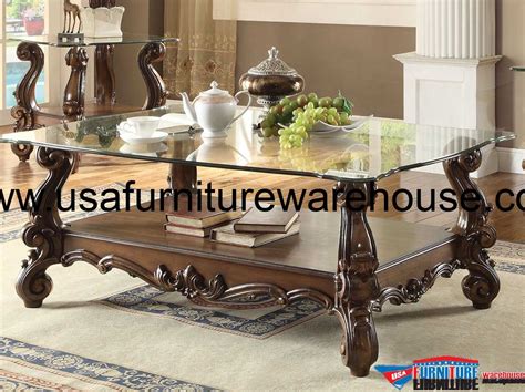 Versailles Glass Top Coffee Table Cherry Oak Finish