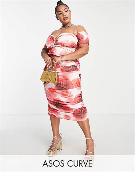 Asos Design Curve V Wire Bardot Ruche Mesh Midi Dress In Rose Floral