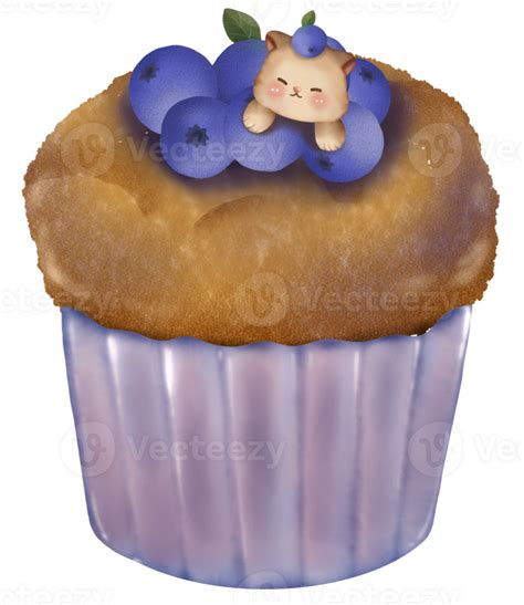 Cat On A Blueberry Muffin Watercolor Drawing Hand Drawn Illustration