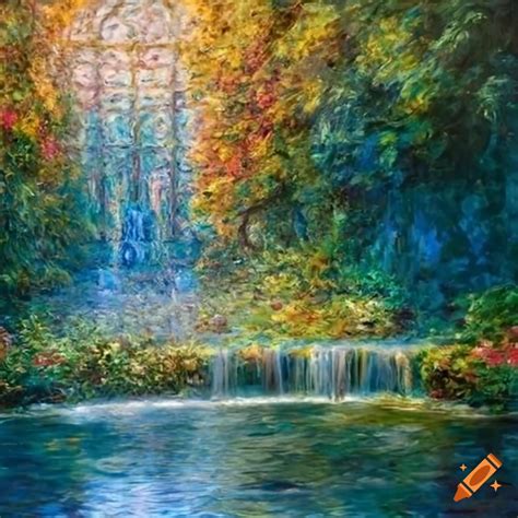 Monet Inspired Painting Of A Victorian Garden With Gold Angel Statues