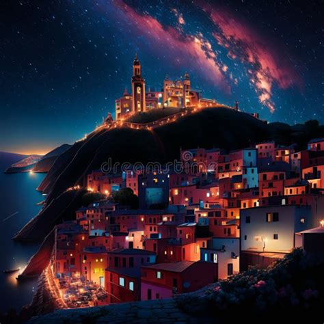 Night View Of Riomaggiore Cinque Terre Italy Ai Generated Stock