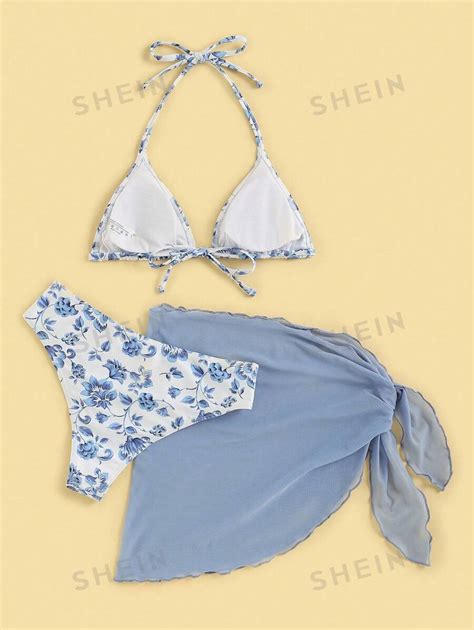 Shein Swim Mod Summer Beach Floral Print Triangle Bikini Set With Beach