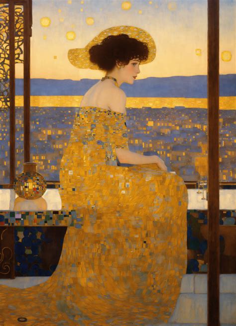 Lexica - An elegant woman sitting in a bohemian rooftop bar with golden
