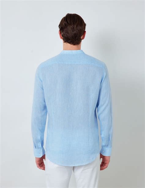 Linen Collarless Relaxed Slim Fit Shirt In Light Blue Hawes And Curtis