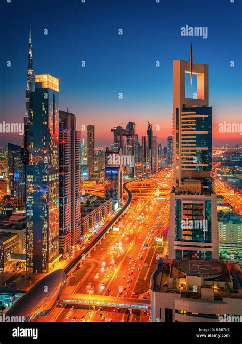 Beautiful rooftop view of Sheikh Zayed Road and skyscrapers in Dubai ...