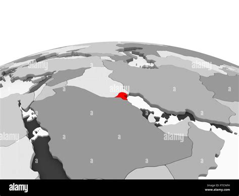 Kuwait In Red On Grey Model Of Political Globe With Transparent Oceans