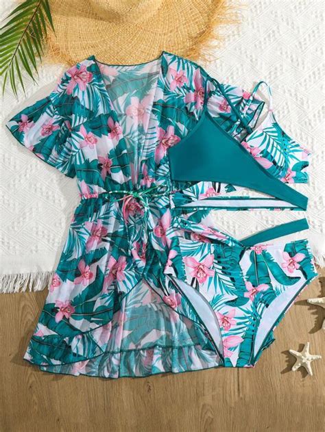 Shein Teen Girls Tropical Print Criss Cross Bikini Swimsuit With Kimono