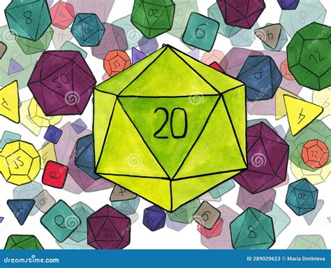 Watercolor Illustration Big D20 Dice And Smaller Polygonal Dices For