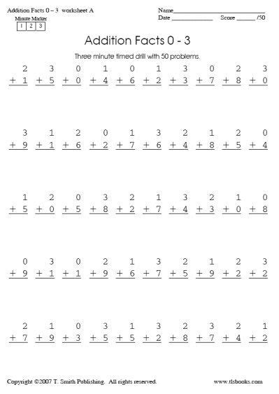 minute timed math drill sheets adding    sums