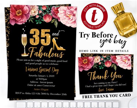 Editable 35th Birthday Invitation Floral Women Birthday Etsy