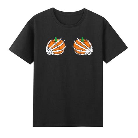 Boob Pumpkin Skeleton Hands On Chest Halloween Breast Cancer T Shirt