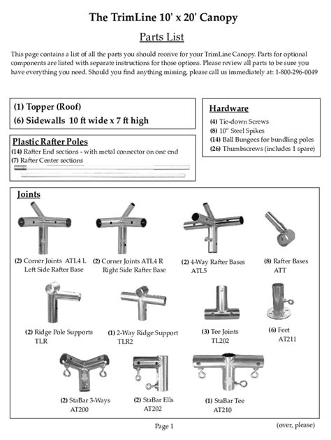 Fillable Online The TrimLine 10 X 15 Canopy Parts List Fax Email