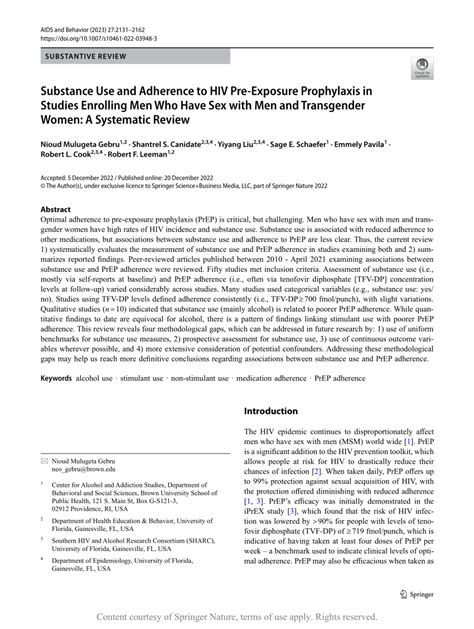 Substance Use And Adherence To Hiv Pre Exposure Prophylaxis In Studies