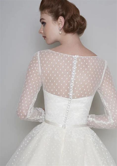 Tea Length Long Sleeve Vintage Polka Dot Illusion Bateau And Tulle