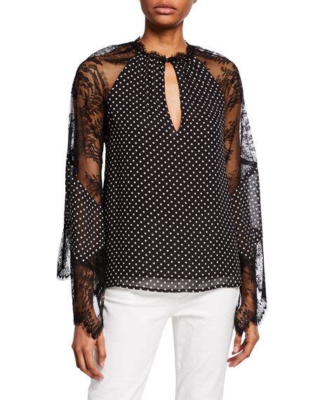 Nanette Lepore Need Me Polka Dot Lace Sleeve Keyhole Top Neiman Marcus