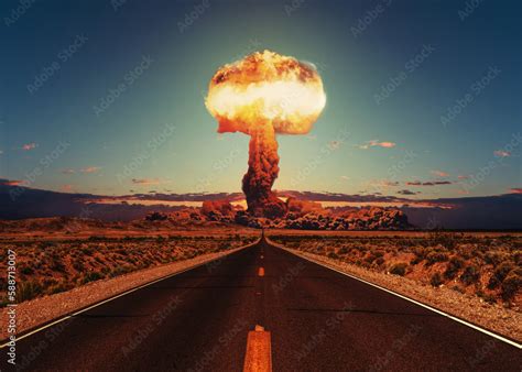 Asphalt road goes to a nuclear explosion. Terrible atomic explosion of ...