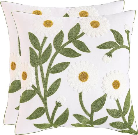 Tosleo Embroidered Throw Pillow Covers 16x16 Inch Pack Of 2 White Chrysanthemum With