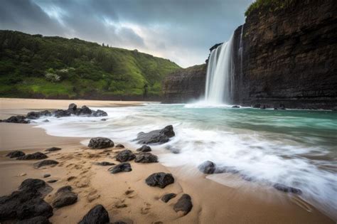 Premium AI Image | Serene beach with dramatic waterfall in the ...