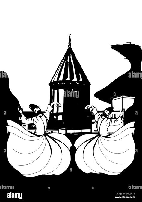 mevlevi semazens whirling illustration drawing green shrine black white ...