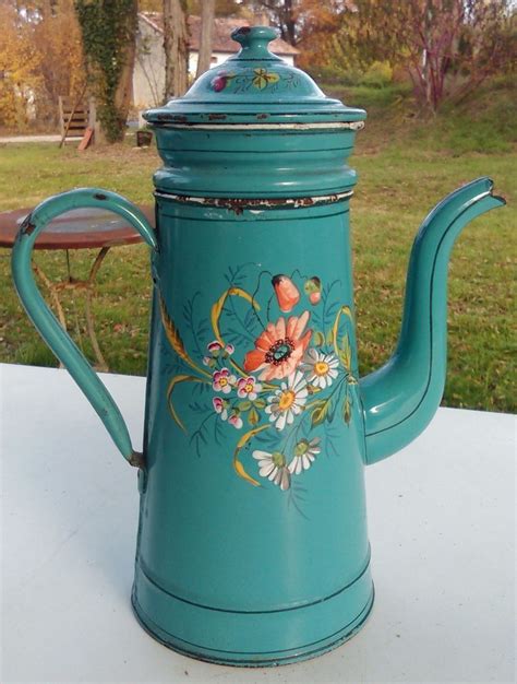 Belle Cafetiere Emaillee Ancienne D Cor Fleuri En Relief Mail Pais