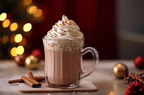 Hot Chocolate In Red Mug With Whipped Cream On A Cozy Blur Christmas Lights Background Stock