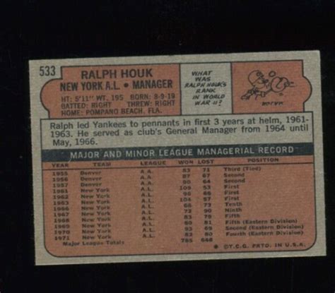 1972 TOPPS SEMI HIGH 533 RALPH HOUK NEW YORK YANKEES CARD NR MINT