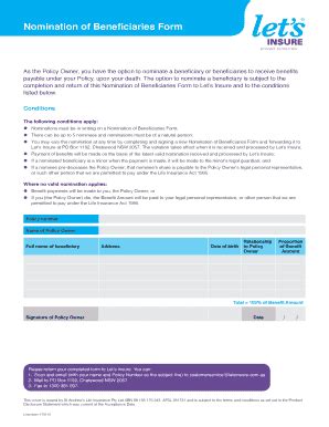 Fillable Online Nomination Of Beneficiaries Form Lets Insure Fax