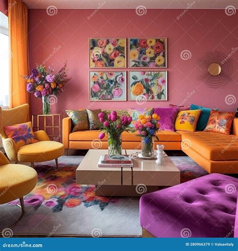 Beautiful Interior Of Modern Living Room With Peach Walls Orange Sofa