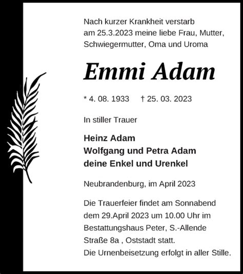 Traueranzeigen Von Emmi Adam Trauer Nordkurier