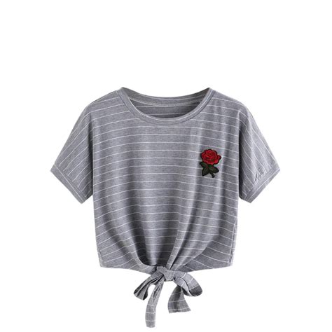 New Trendy T Shirt Women Sexy Crop Tops Unique Appliques Rose Short