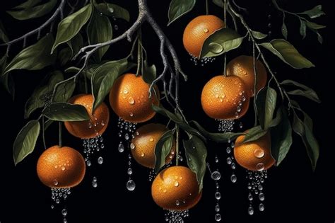 Un Cuadro De Naranjas Colgando De Un Rbol Con Gotas De Lluvia En Las