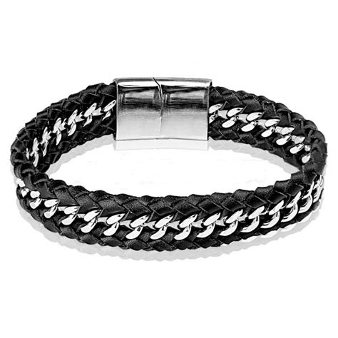 Bracelet Pour Homme Acier Et Cuir Noir Tress Biker Large Mm Cm