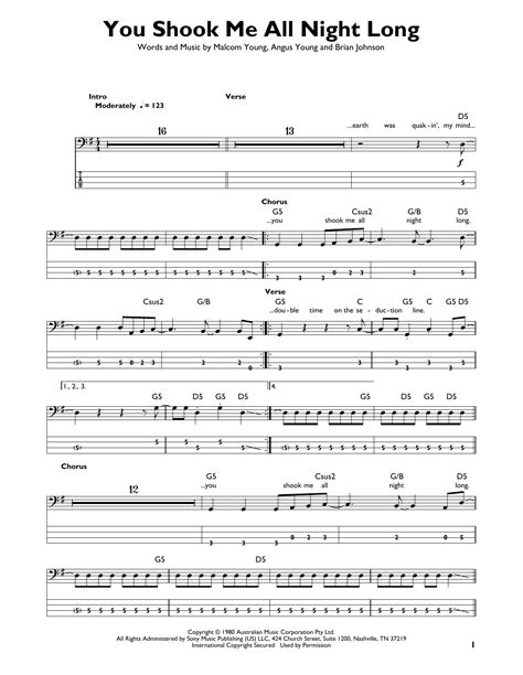 You Shook Me All Night Long By Ac Dc Sheet Music For Easy Bass Tab At