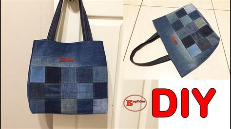 Denim Patchwork Tote Bag From Recycledd Old Jeans Tote Bag Sewing Tutorial Youtube