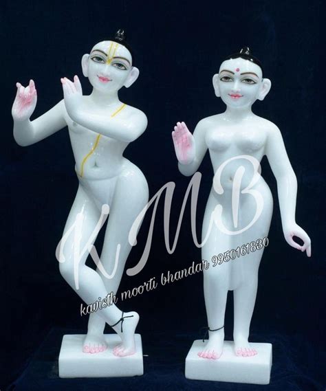 Painted Hindu White Marble Iskcon Radha Krishna Statue For Worship