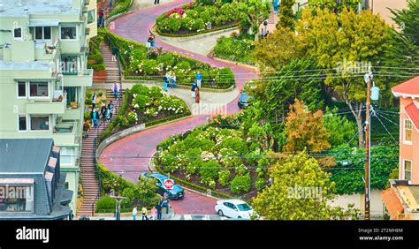 Aerial People And Cars Navigating Lombard Street Zoomed In View Of