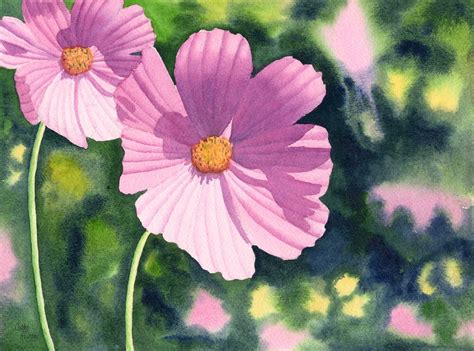 Pink Cosmos Art Watercolor Painting Original by Cathy