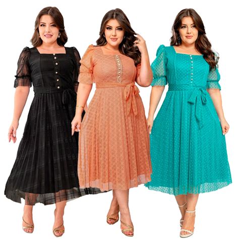 Vestido Evangélico Manga Curta Plus Size Grande GG Plissado Tule Botões