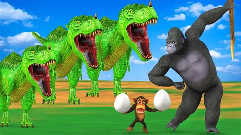 3 Titan T Rex Chase Funny Monkey And Gorilla Has Stolen Dinosaur Egg