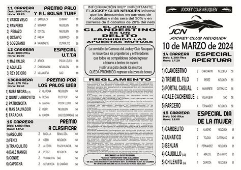 Programa Oficial del Jockey Club Neuquén para este Domingo 10 de Marzo