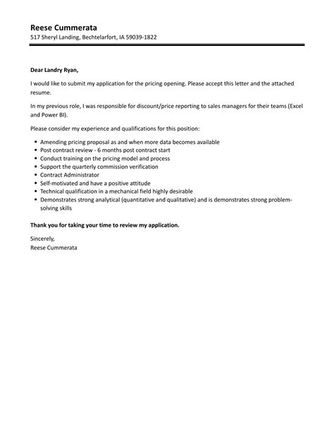 Pricing Cover Letter Velvet Jobs