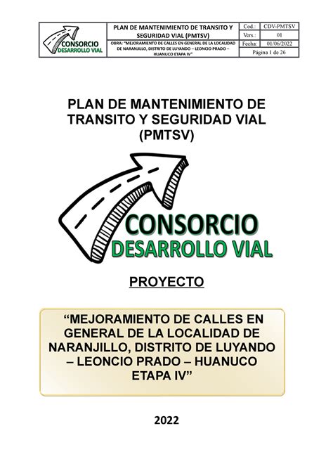 PLAN DE Mantenimiento DE Transito Y Seguridad VIAL Pmtsv PLAN DE