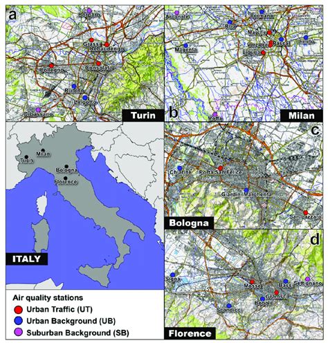 Map of the urban study areas in Italy, also showing location of urban ...